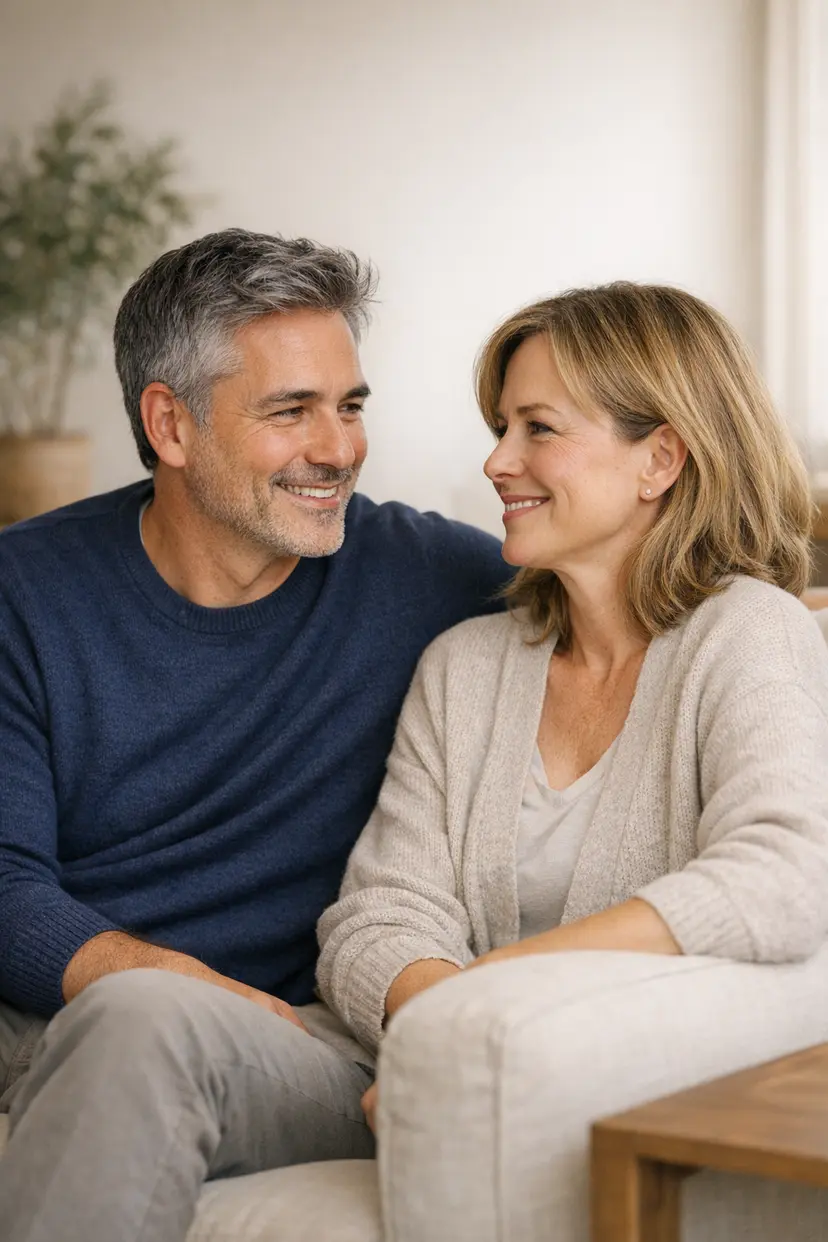 A couple sharing a quiet moment at home — restored connection after sexual health treatment at Tier1 Optimal