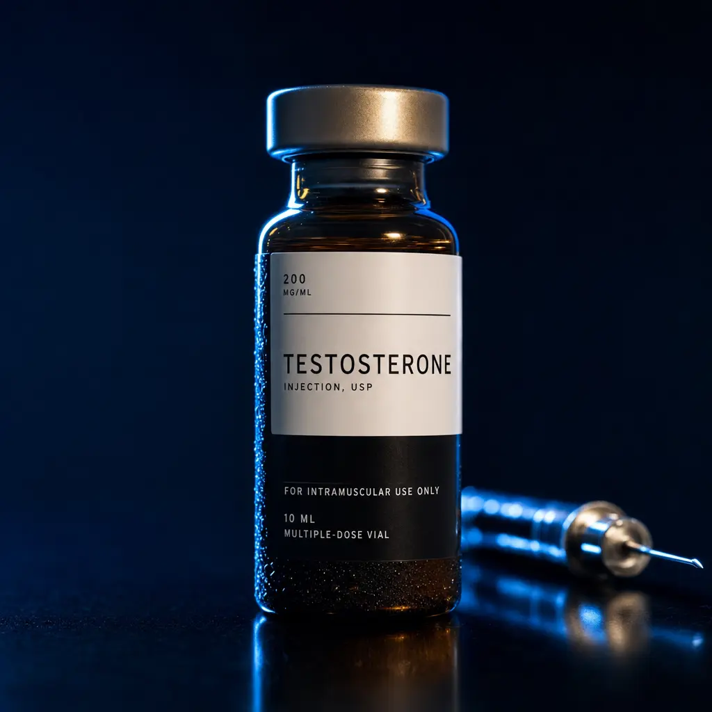 Pharmaceutical-grade testosterone vial — pharmacy-dispensed and clinician-optimized